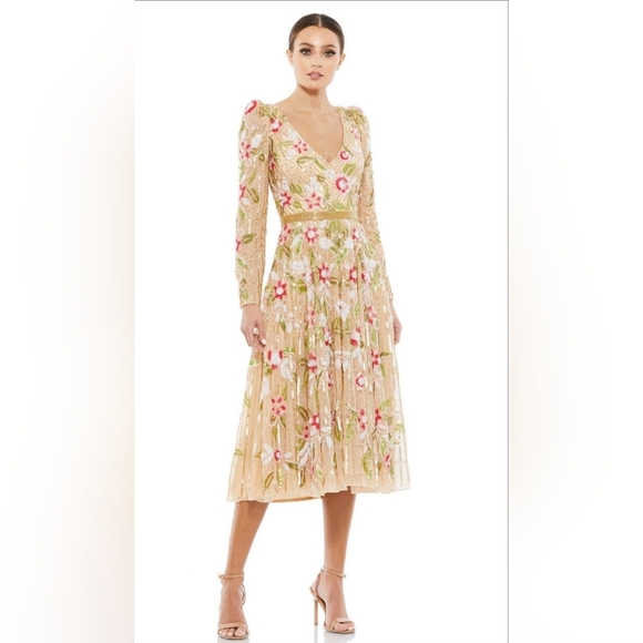 Mac Duggal 5415 Floral Beadwork Long Sleeve Dress - Picture 1 of 6